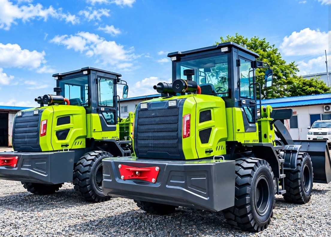 Two green wheel loaders